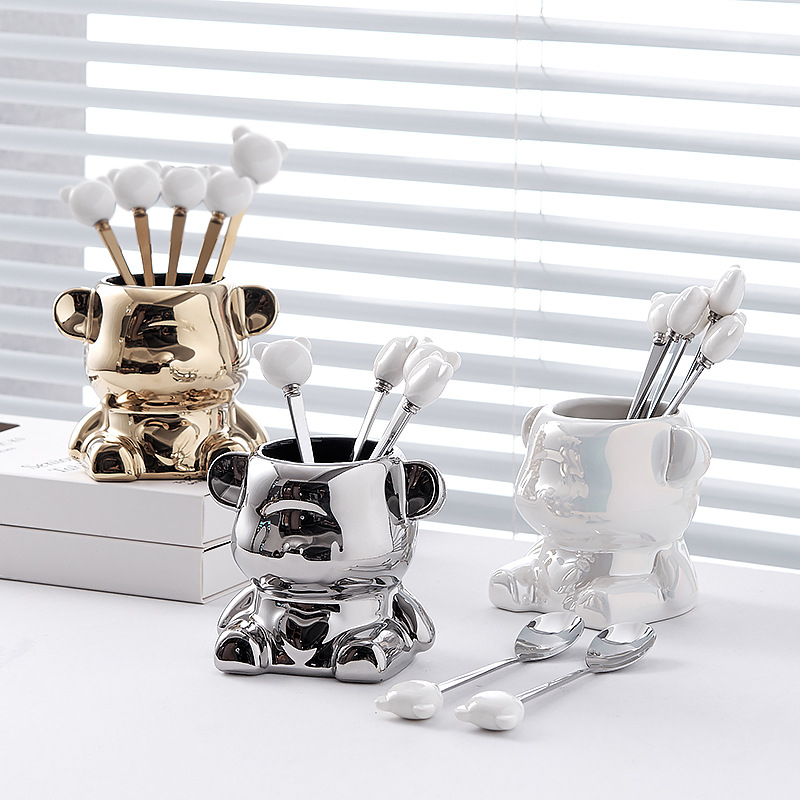 Set de furculițe din oțel inoxidabil pentru fructe, ursuleț ceramic, tacâmuri elegante pentru casă