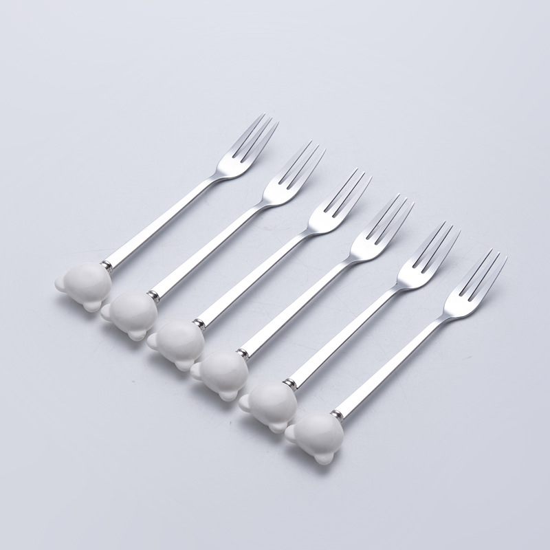 Set de furculițe din oțel inoxidabil pentru fructe, ursuleț ceramic, tacâmuri elegante pentru casă