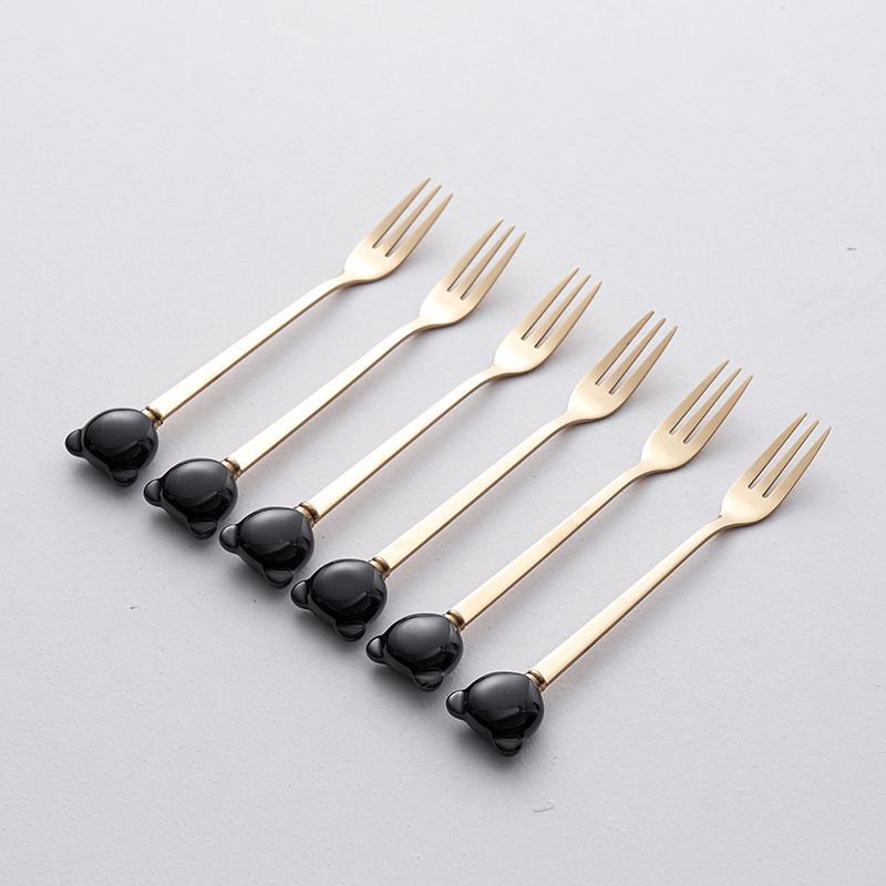 Set de furculițe din oțel inoxidabil pentru fructe, ursuleț ceramic, tacâmuri elegante pentru casă
