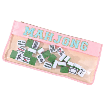 Geantă personalizată impermeabilă pentru cosmetice, cu broderie de litere Mahjong, PVC, compartiment mare pentru igienă personală. Disponibilă în verde, roz, mov și roșu trandafir.