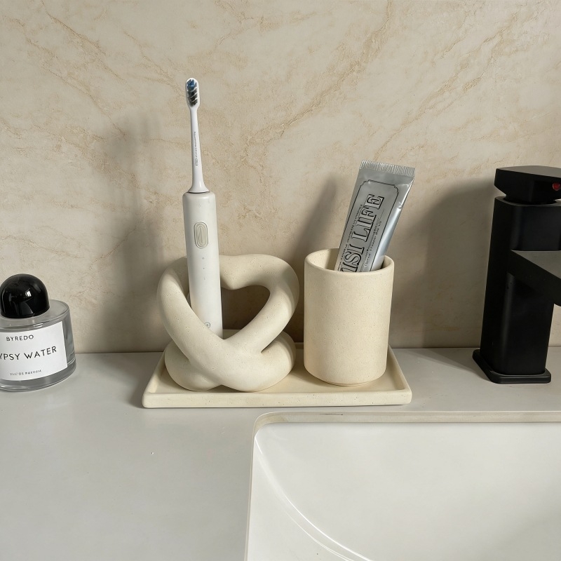 Suport ceramic în formă de inimă pentru pastă de dinți și periuțe, tavă mată pentru paharul de apă de gură, set decorativ multifuncțional