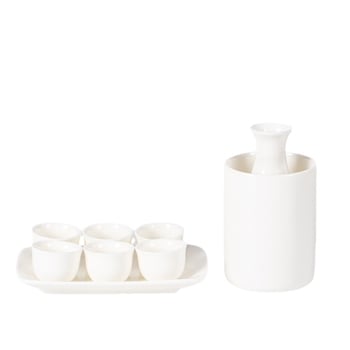 Set de sake din porțelan, alb jad, stil japonez, 9 piese: recipient pentru turnare, recipient încălzitor, farfurie și pahare (4 sau 6), siglă personalizată
