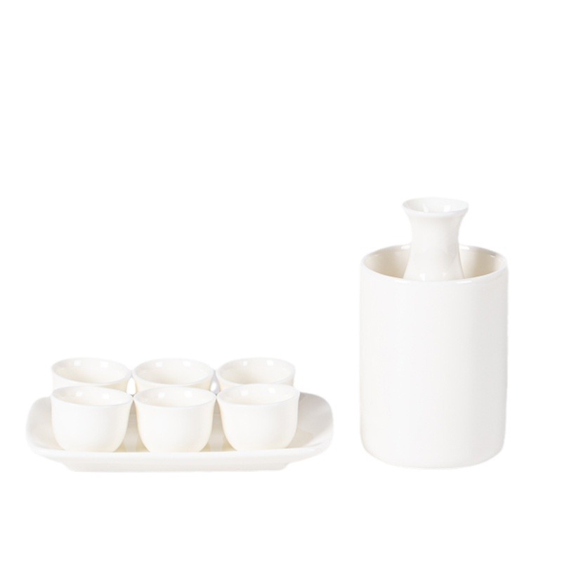 Set de sake din porțelan, alb jad, stil japonez, 9 piese: recipient pentru turnare, recipient încălzitor, farfurie și pahare (4 sau 6), siglă personalizată