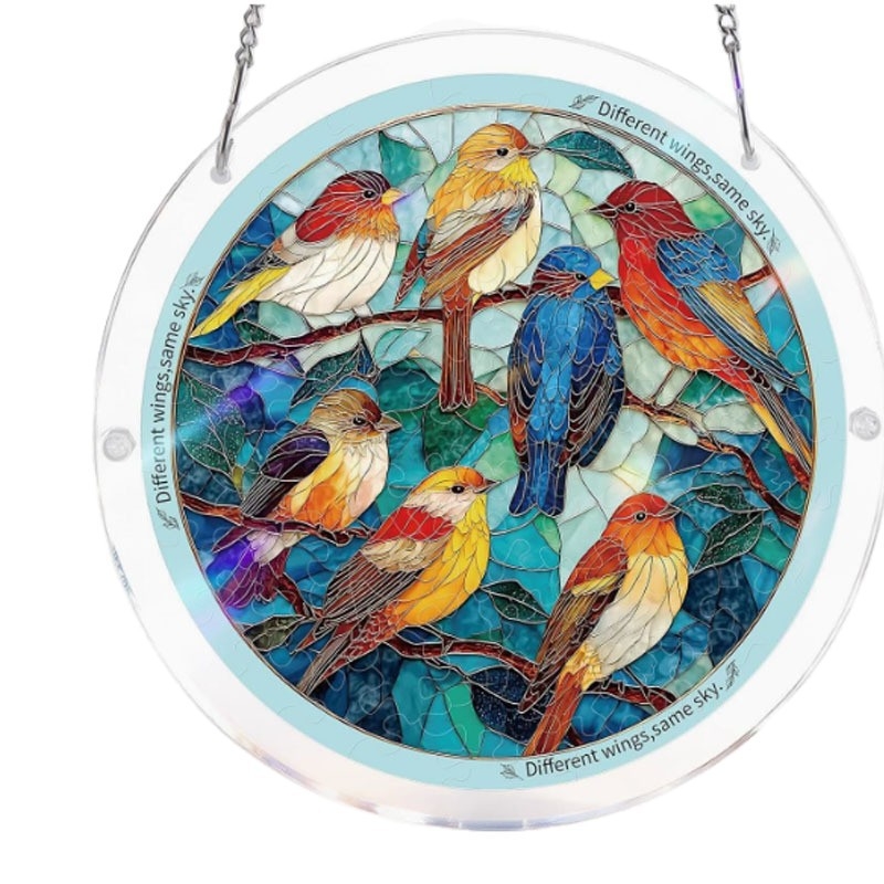 Ornament atârnat din acril, cerc circular, în stil vitraliu, puzzle, captator de lumină