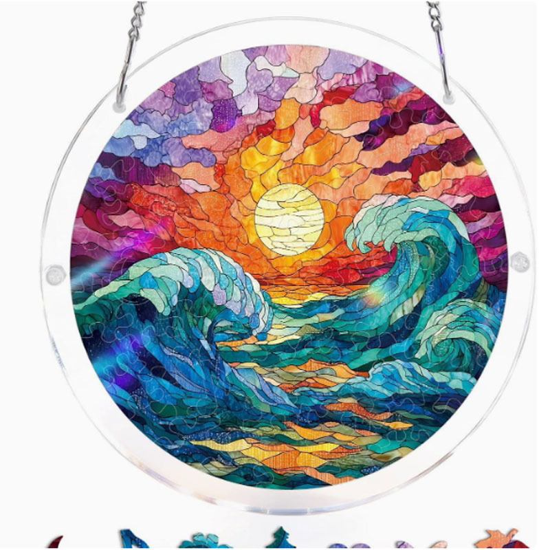 Ornament atârnat din acril, cerc circular, în stil vitraliu, puzzle, captator de lumină