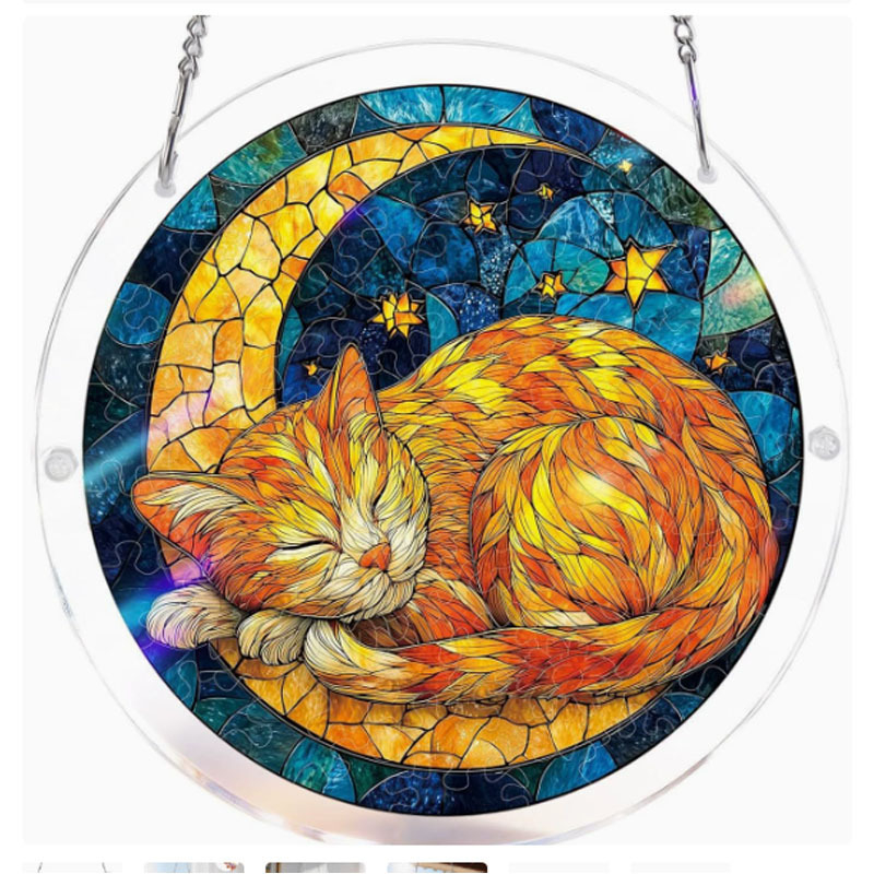 Ornament atârnat din acril, cerc circular, în stil vitraliu, puzzle, captator de lumină