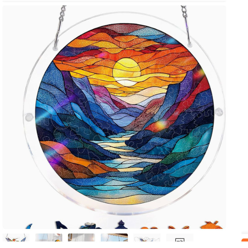 Ornament atârnat din acril, cerc circular, în stil vitraliu, puzzle, captator de lumină
