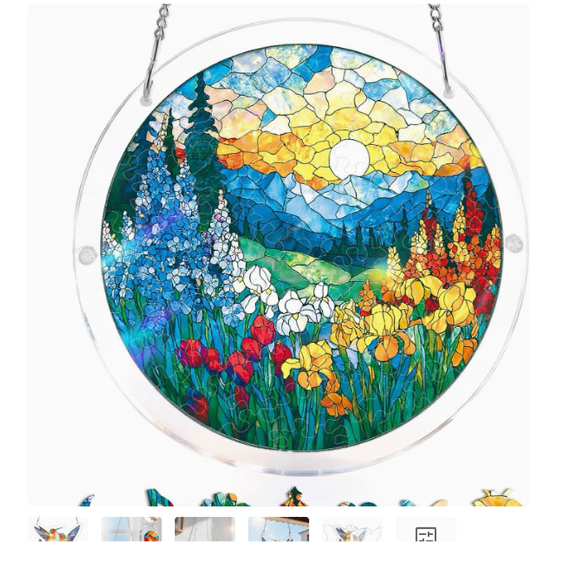 Ornament atârnat din acril, cerc circular, în stil vitraliu, puzzle, captator de lumină