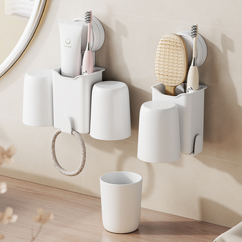 Suport de periute de dinți montat pe perete, fără găuri, cu pahar pentru apă de gură – set baie