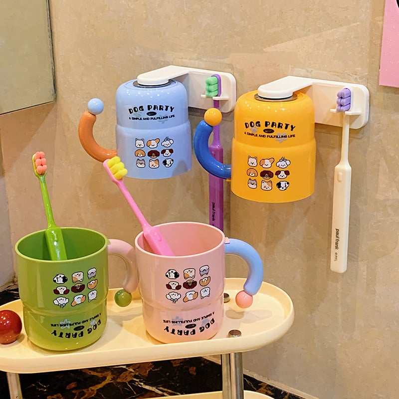 Suport pentru periuțe cu design de cățeluș – set de pahare pentru apă de gură montat pe perete pentru copii, spațiu drăguț de depozitare a periuțelor, fără găuri, utilizare casnică