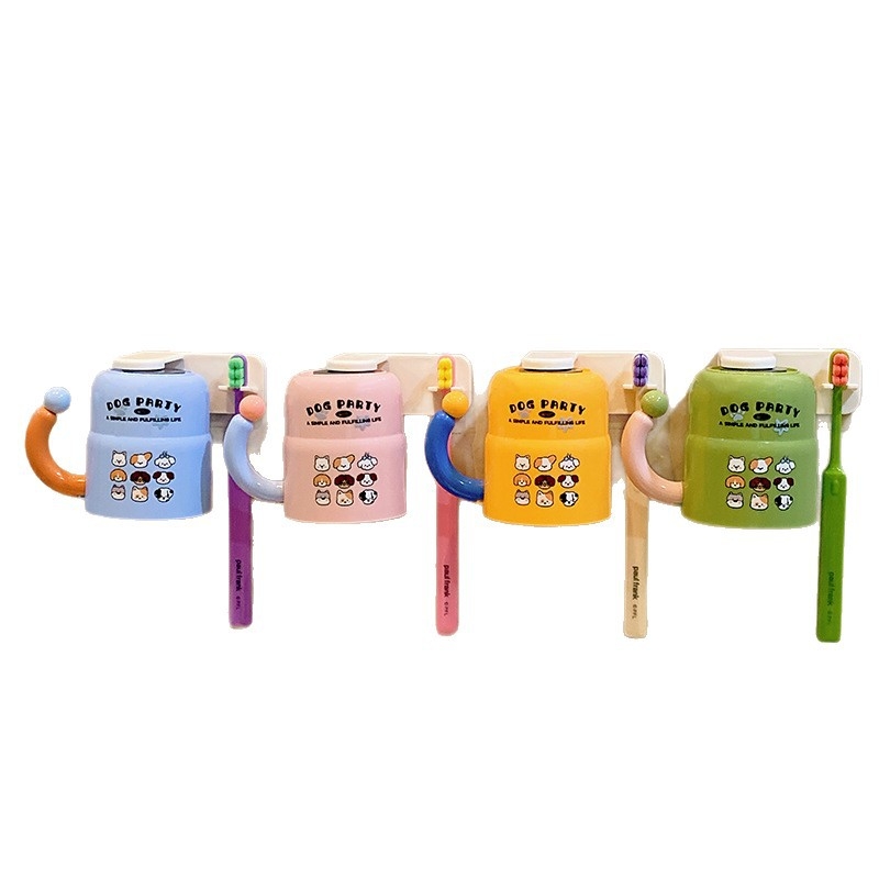 Suport pentru periuțe cu design de cățeluș – set de pahare pentru apă de gură montat pe perete pentru copii, spațiu drăguț de depozitare a periuțelor, fără găuri, utilizare casnică