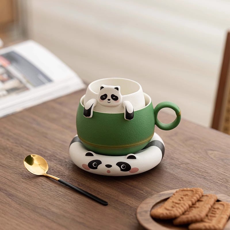 Set Panda cafea cu ceașcă, farfuriu și linguriță, ceramică de înaltă calitate