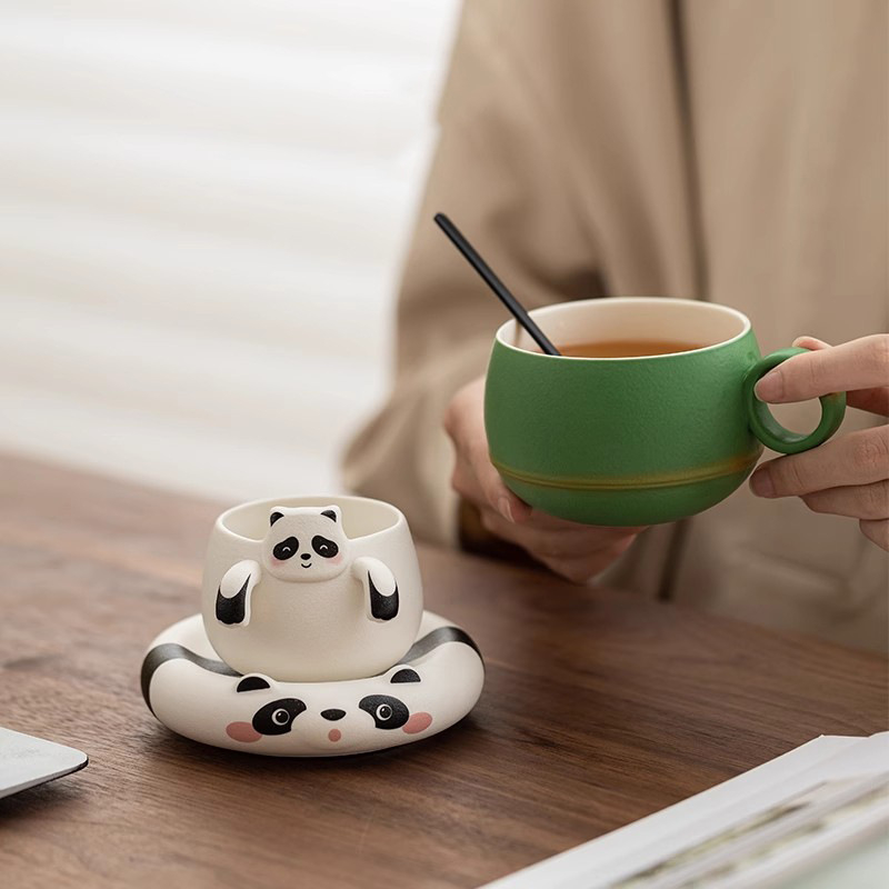 Set Panda cafea cu ceașcă, farfuriu și linguriță, ceramică de înaltă calitate