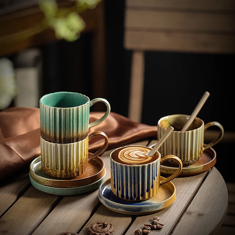 Set de cești de cafea și farfurioară, în stil japonez vintage, ceramică lucrată manual