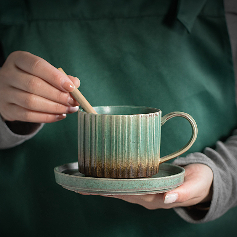 Set de cești de cafea și farfurioară, în stil japonez vintage, ceramică lucrată manual