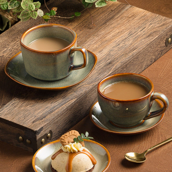 Set de cești de cafea din porțelan cu glazură caramel, stil japonez, cești și farfurie pentru Americano, Cappuccino cu latte art