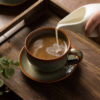 Set de cești de cafea din porțelan cu glazură caramel, stil japonez, cești și farfurie pentru Americano, Cappuccino cu latte art