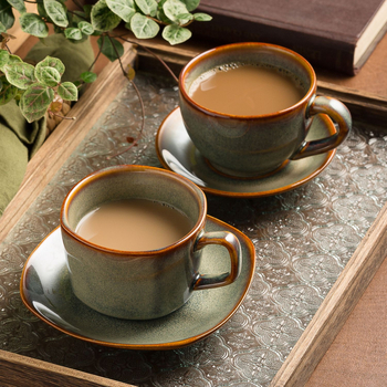 Set de cești de cafea din porțelan cu glazură caramel, stil japonez, cești și farfurie pentru Americano, Cappuccino cu latte art