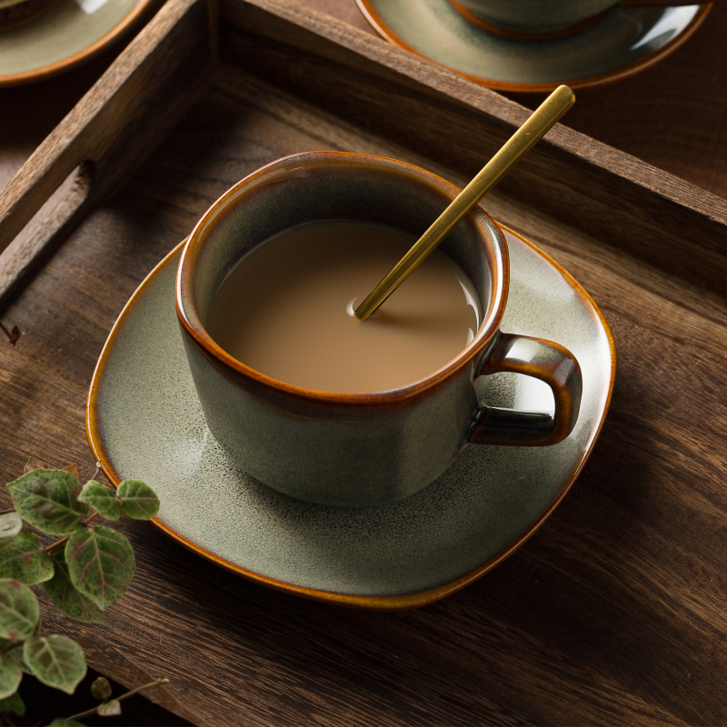 Set de cești de cafea din porțelan cu glazură caramel, stil japonez, cești și farfurie pentru Americano, Cappuccino cu latte art