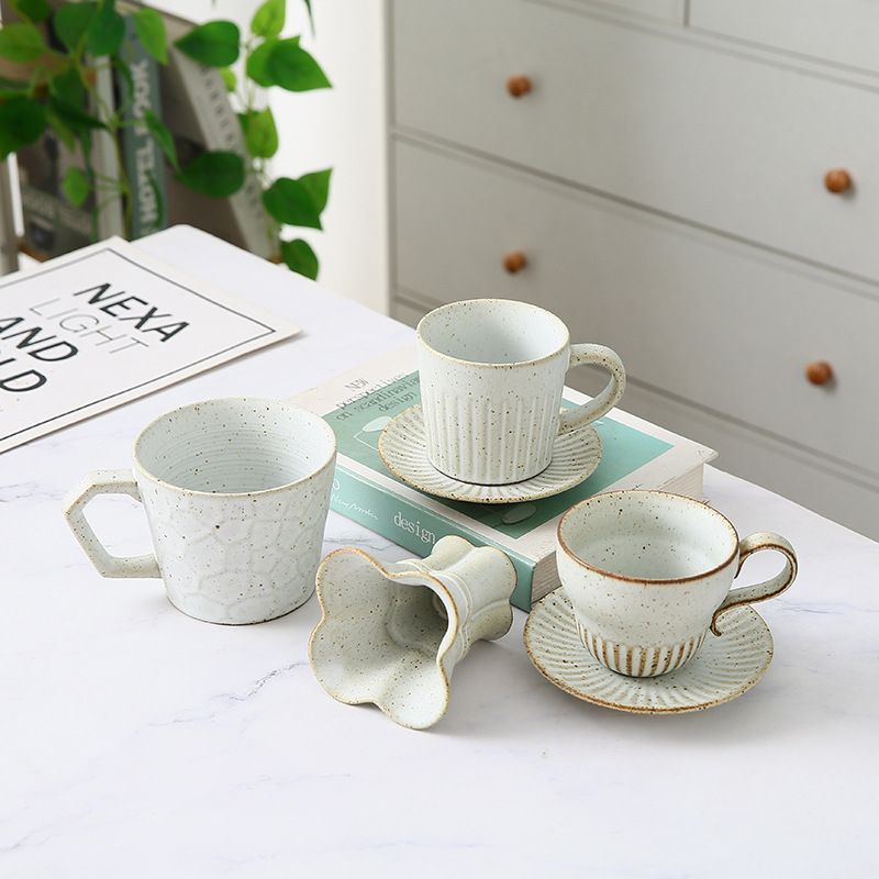 Set de cești de cafea din ceramică cu farfurioare, stil retro, glazură japoneză de cuptor