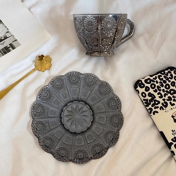 Set de cești de cafea cu pahare din sticlă și farfurioare, nordic lux ușor, design cu floare de soare pentru latte, stil european