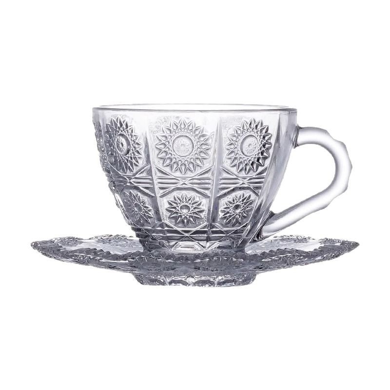 Set de cești de cafea cu pahare din sticlă și farfurioare, nordic lux ușor, design cu floare de soare pentru latte, stil european