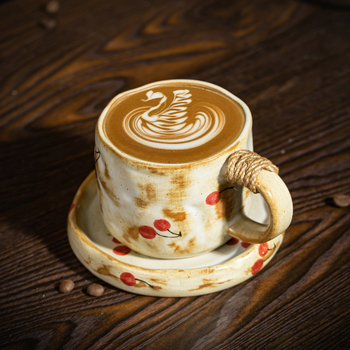 Set ceramic cești de cafea cu model cireș, farfurie, stil retro
