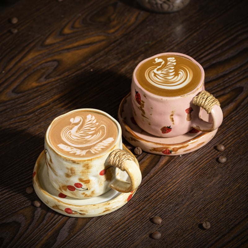Set ceramic cești de cafea cu model cireș, farfurie, stil retro
