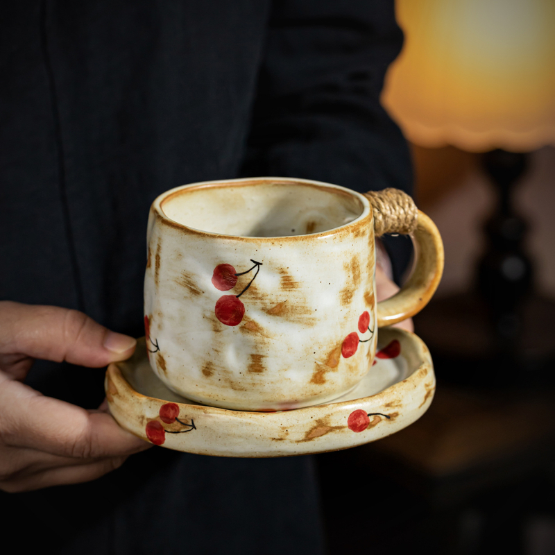 Set ceramic cești de cafea cu model cireș, farfurie, stil retro