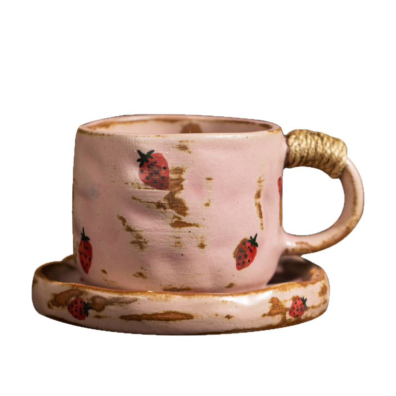 Set ceramic cești de cafea cu model cireș, farfurie, stil retro