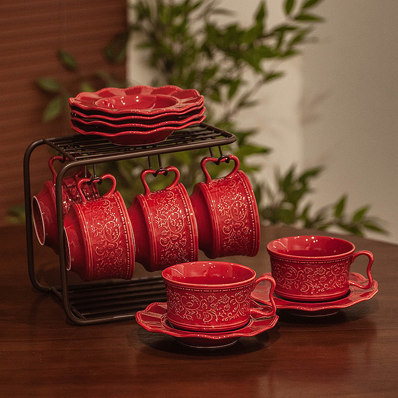 Set retro de cești de cafea cu farfurioară, ceramică, simplu, de înaltă calitate, design sofisticat, ceașcă creativă pentru ceaiul de după-amiază cu motif floral