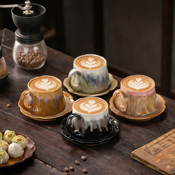 Set de cești de cafea și farfurioară în stil retro ușor luxos, glazură ceramică, pentru uz casnic, ceașcă latte art