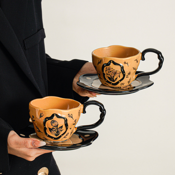 Set ceramic cești de cafea cu farfurie – ceașă latte în nuanță mocha maro, latte art, stil retro pentru ceai de după-amiază
