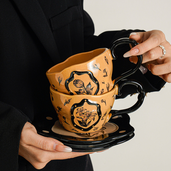 Set ceramic cești de cafea cu farfurie – ceașă latte în nuanță mocha maro, latte art, stil retro pentru ceai de după-amiază