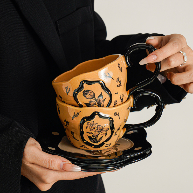 Set ceramic cești de cafea cu farfurie – ceașă latte în nuanță mocha maro, latte art, stil retro pentru ceai de după-amiază
