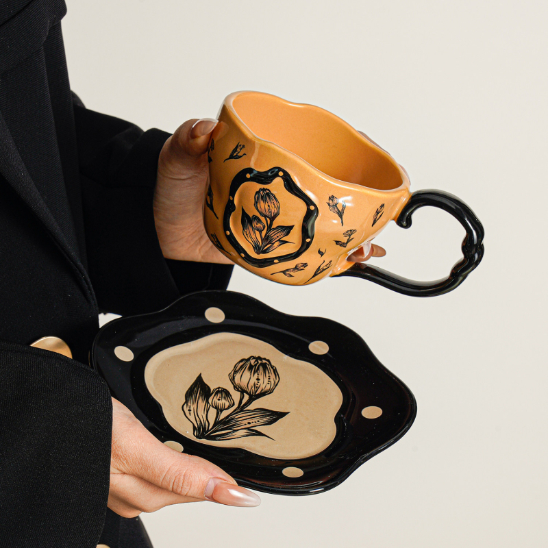 Set ceramic cești de cafea cu farfurie – ceașă latte în nuanță mocha maro, latte art, stil retro pentru ceai de după-amiază