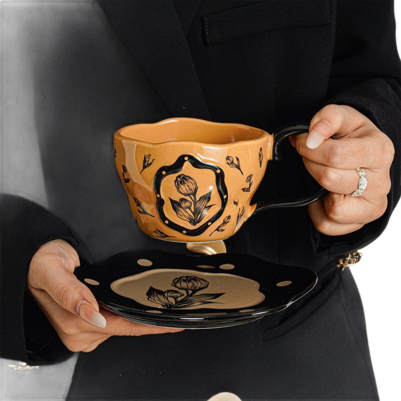 Set ceramic cești de cafea cu farfurie – ceașă latte în nuanță mocha maro, latte art, stil retro pentru ceai de după-amiază