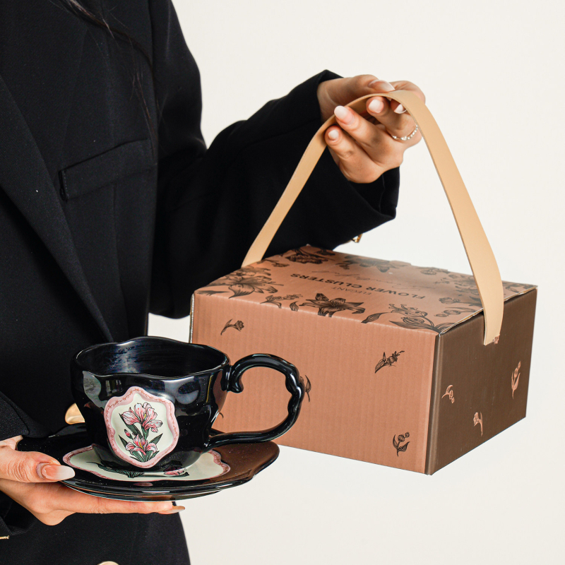 Set ceramic cești de cafea cu farfurie – ceașă latte în nuanță mocha maro, latte art, stil retro pentru ceai de după-amiază