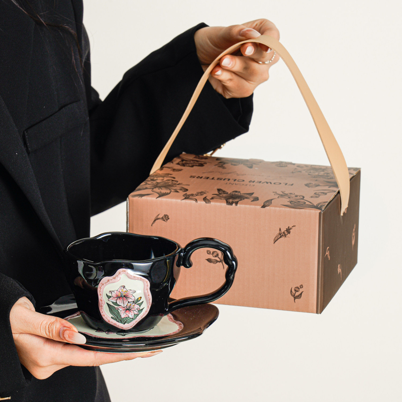 Set ceramic cești de cafea cu farfurie – ceașă latte în nuanță mocha maro, latte art, stil retro pentru ceai de după-amiază