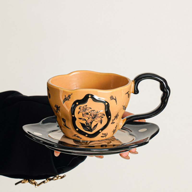 Set ceramic cești de cafea cu farfurie – ceașă latte în nuanță mocha maro, latte art, stil retro pentru ceai de după-amiază
