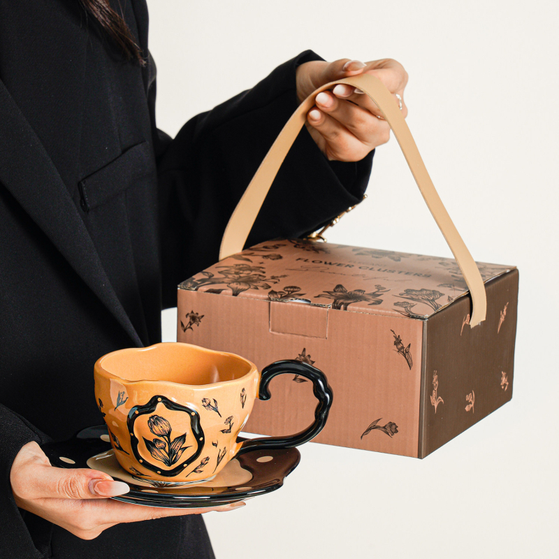 Set ceramic cești de cafea cu farfurie – ceașă latte în nuanță mocha maro, latte art, stil retro pentru ceai de după-amiază