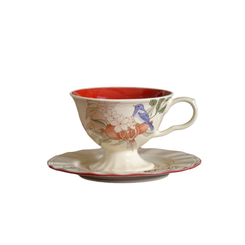 Set franțuzesc de cafea din porțelan cu flori și păsări, stil vintage, cești înalte cu farfurioare pentru ceaiul de după-amiază