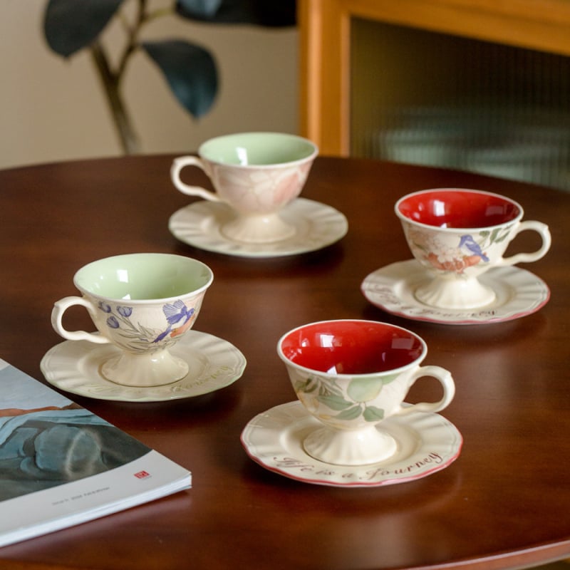 Set franțuzesc de cafea din porțelan cu flori și păsări, stil vintage, cești înalte cu farfurioare pentru ceaiul de după-amiază