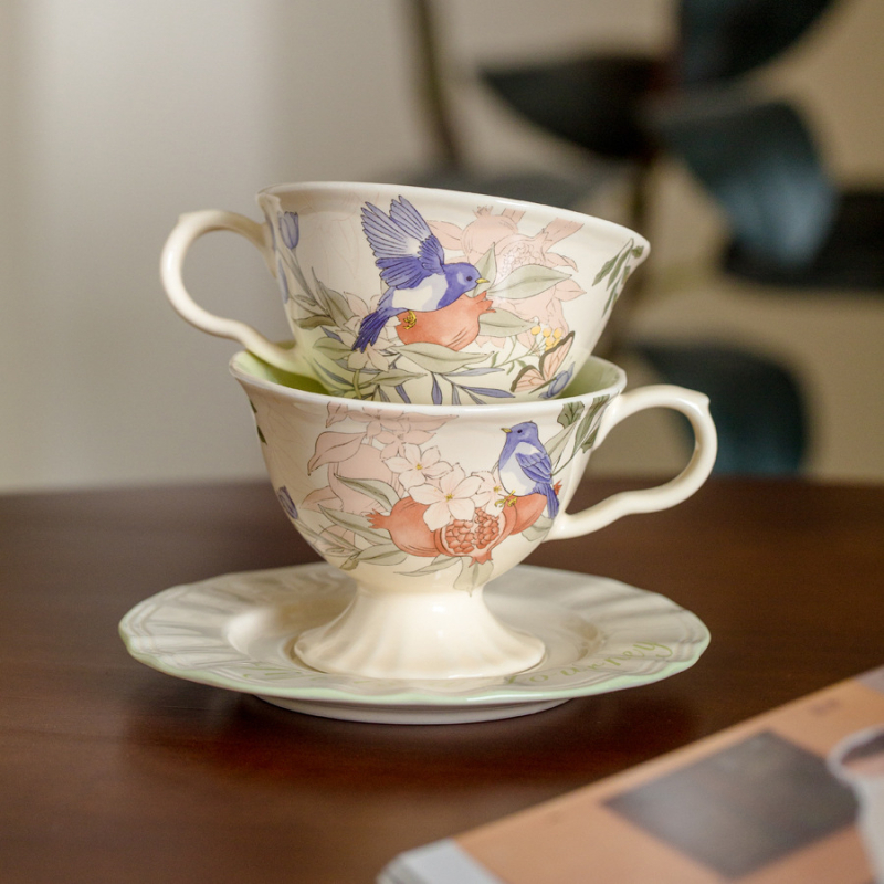 Set franțuzesc de cafea din porțelan cu flori și păsări, stil vintage, cești înalte cu farfurioare pentru ceaiul de după-amiază