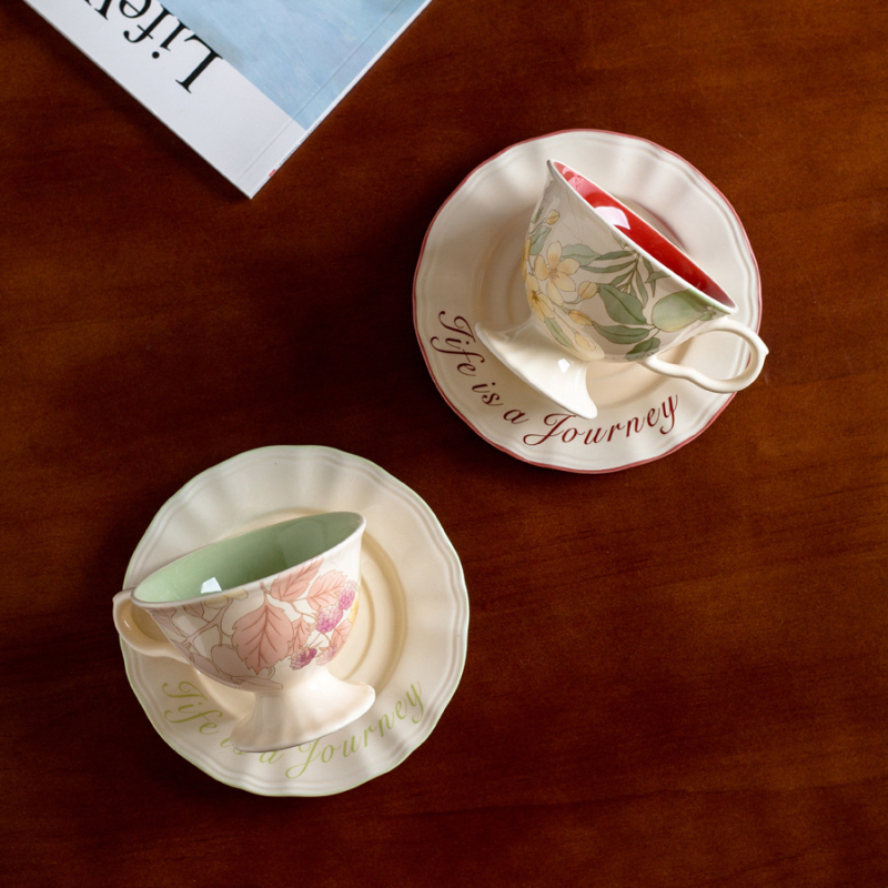 Set franțuzesc de cafea din porțelan cu flori și păsări, stil vintage, cești înalte cu farfurioare pentru ceaiul de după-amiază