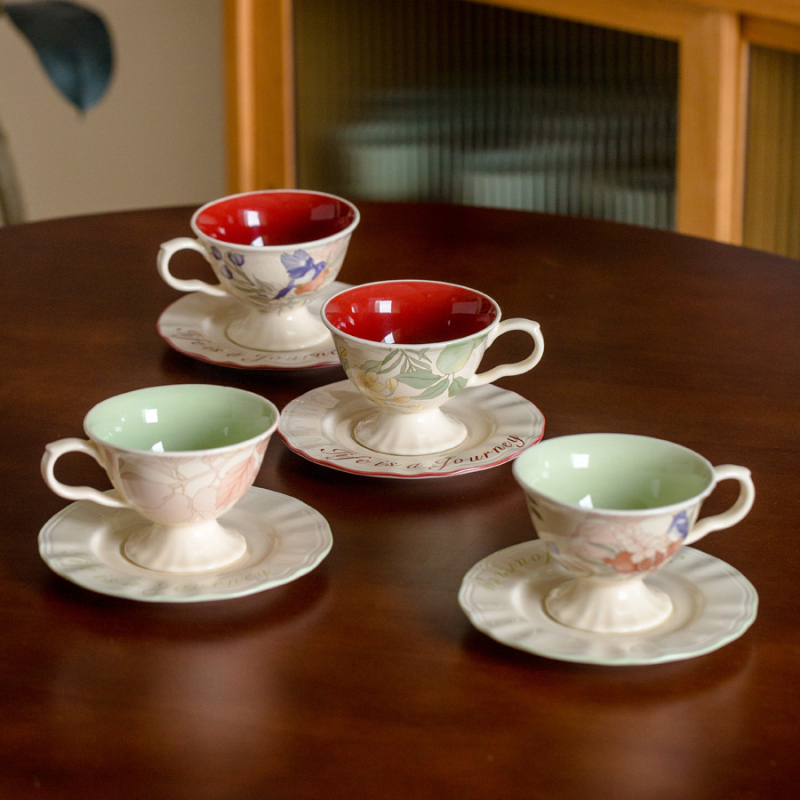 Set franțuzesc de cafea din porțelan cu flori și păsări, stil vintage, cești înalte cu farfurioare pentru ceaiul de după-amiază