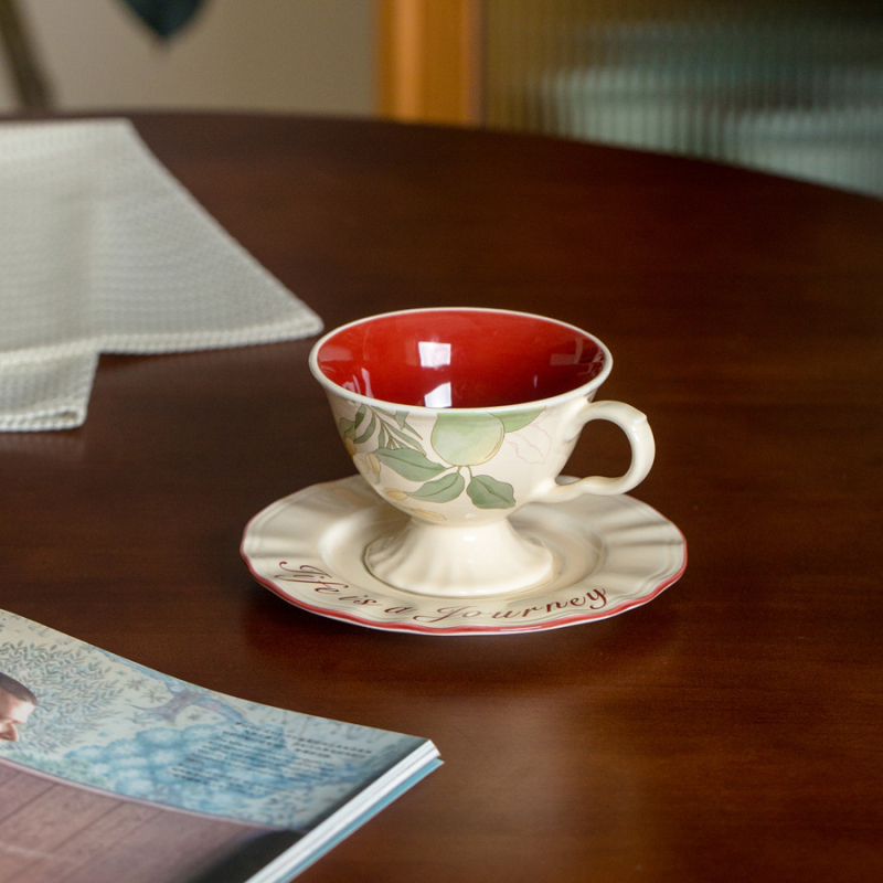 Set franțuzesc de cafea din porțelan cu flori și păsări, stil vintage, cești înalte cu farfurioare pentru ceaiul de după-amiază