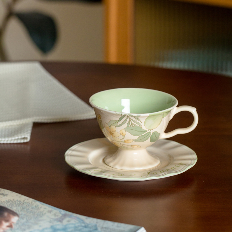 Set franțuzesc de cafea din porțelan cu flori și păsări, stil vintage, cești înalte cu farfurioare pentru ceaiul de după-amiază