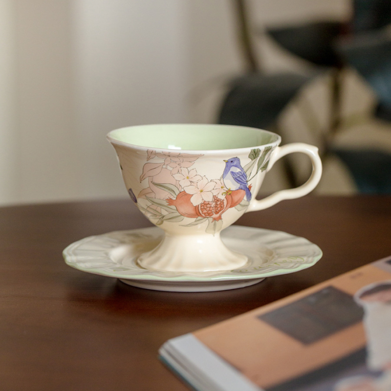Set franțuzesc de cafea din porțelan cu flori și păsări, stil vintage, cești înalte cu farfurioare pentru ceaiul de după-amiază