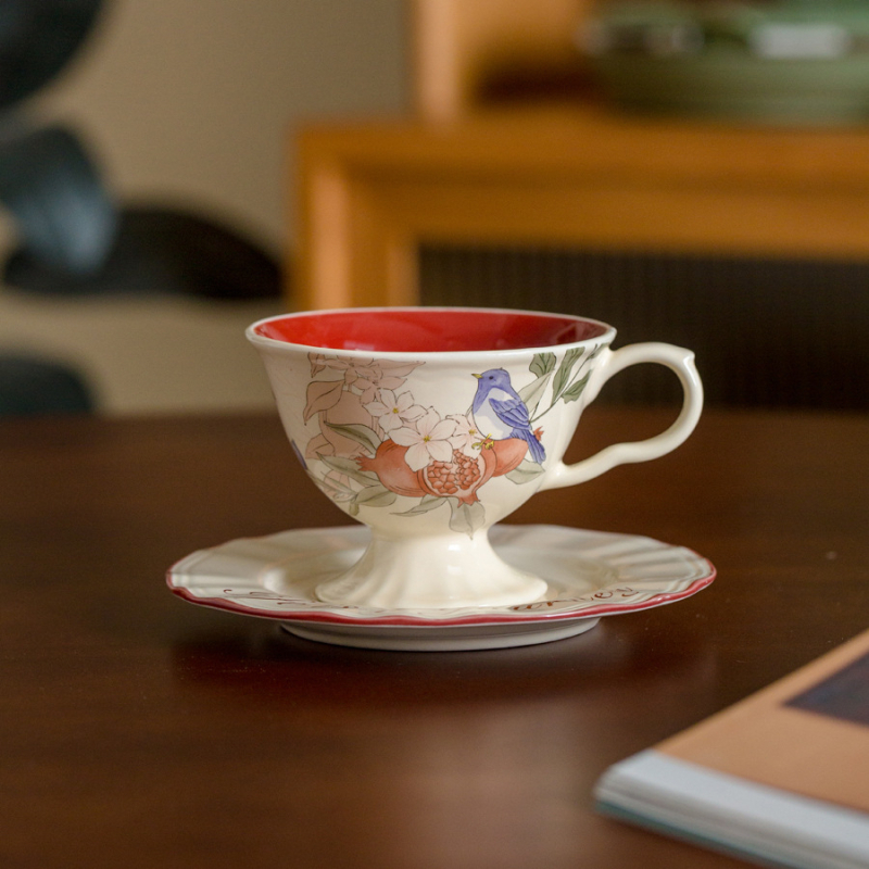 Set franțuzesc de cafea din porțelan cu flori și păsări, stil vintage, cești înalte cu farfurioare pentru ceaiul de după-amiază